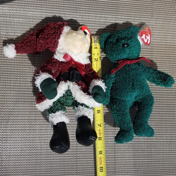 Ty Beanie Babies 2001 HOLIDAY TEDDY Green & 2000 Christmas Red Santa 8" Plush - Picture 5 of 15
